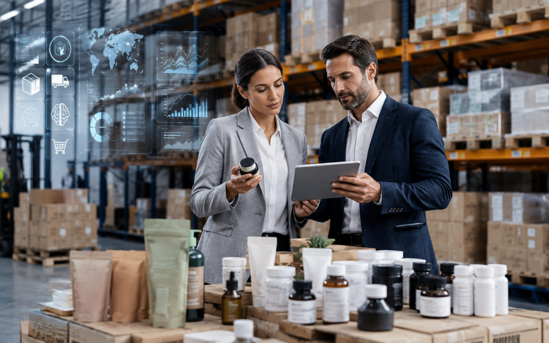 A man and woman reviewing supplement product inventory